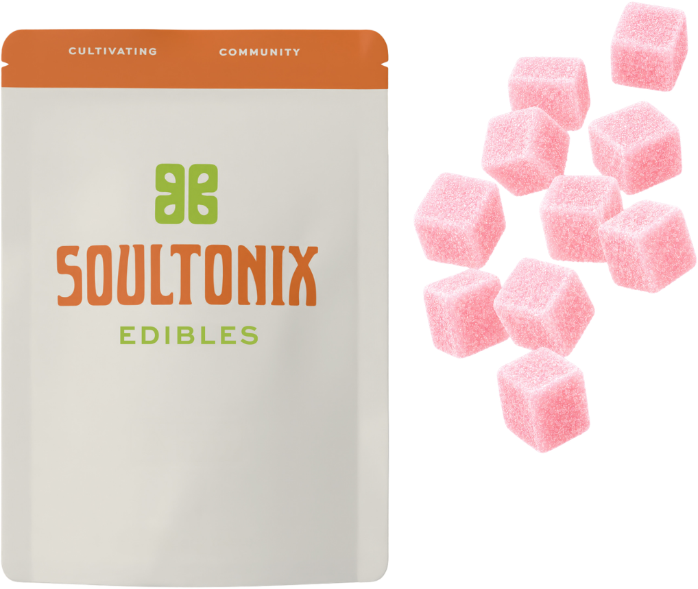 Soultonix edibles pouch beside pink gummies