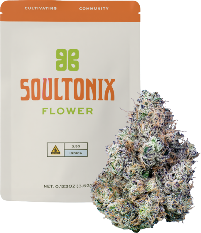 Soultonix flower pouch beside cannabis flower